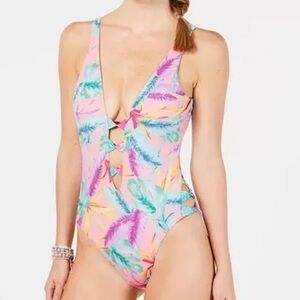 Bar III Pink Tropical Cutout One-Piece Swimsuit with Multicolor Leaf Print